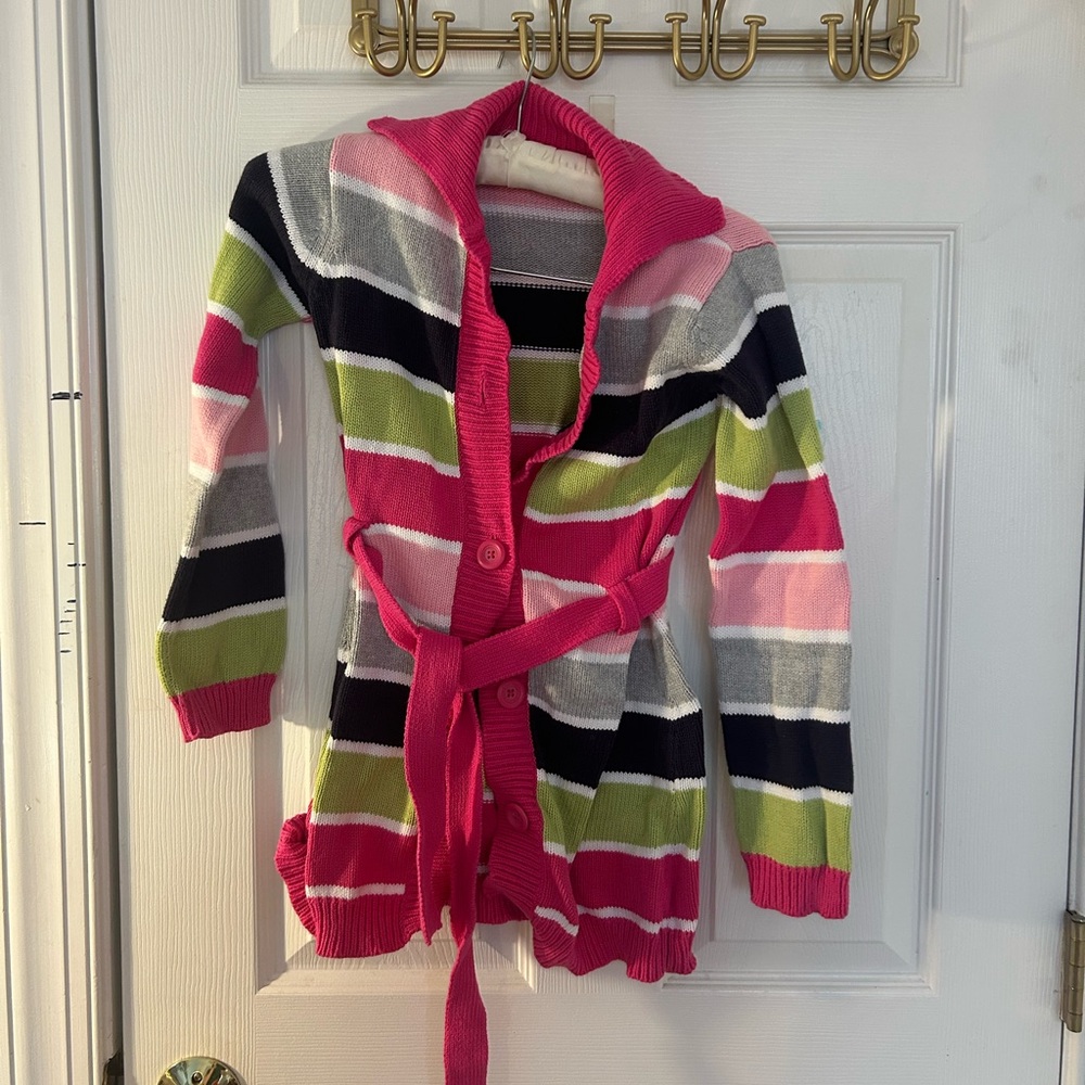 Crazy 8 Pink Multi-Stripe Hooded Cardigan Sweater with Belt